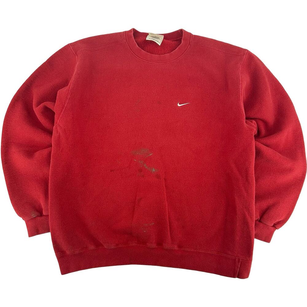 VTG 90s Men's Red Embroidered Nike Small Swoosh Check Crewneck Sweatshirt Sz M